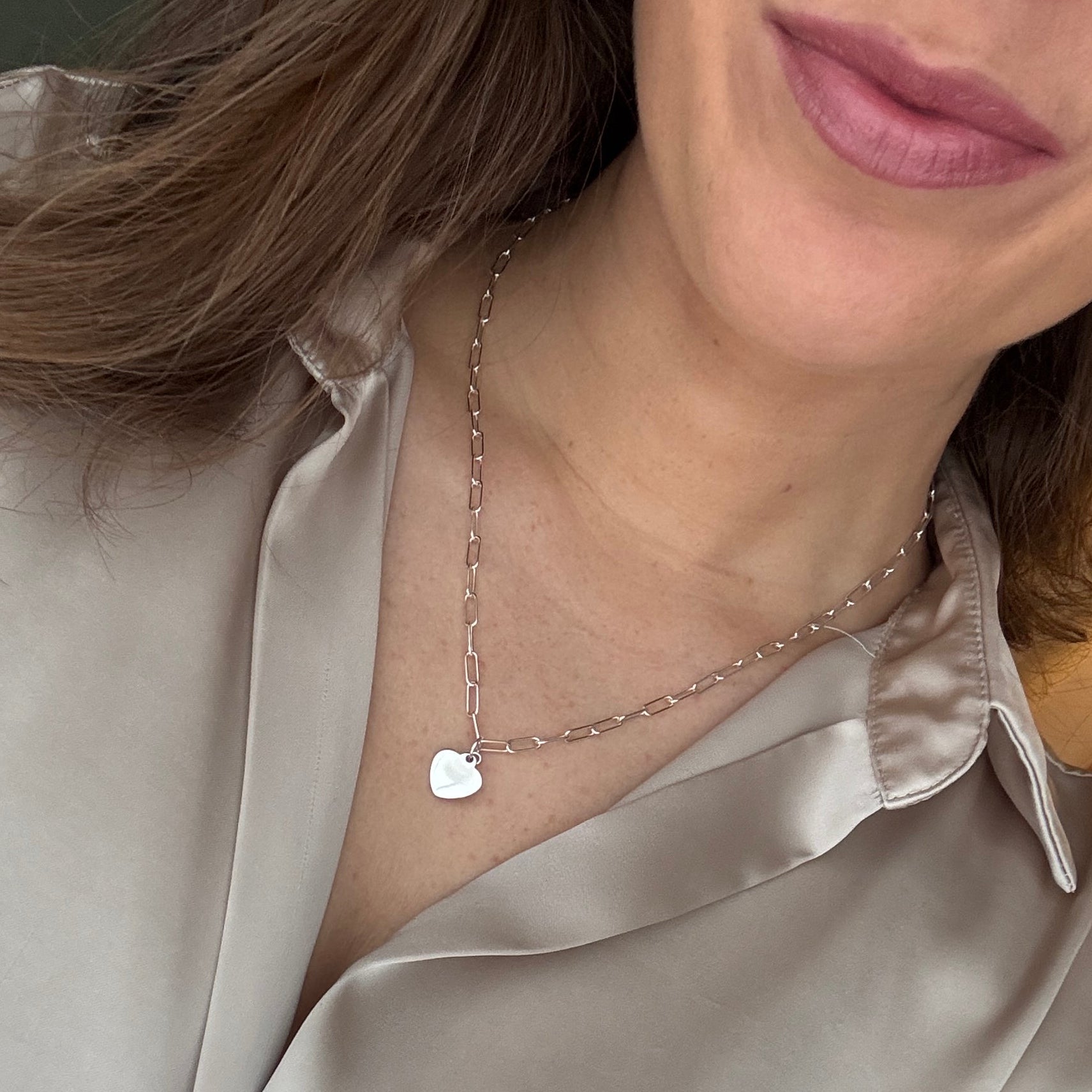 Signature Silver Paperclip Chain Heart Charm Necklace